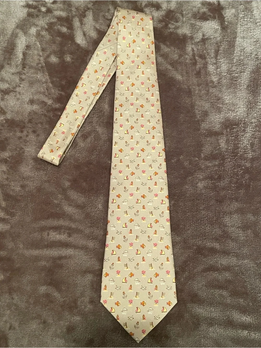 Salvatore Ferragamo Beige Silk Tie with Pastel Nautical Motifs
